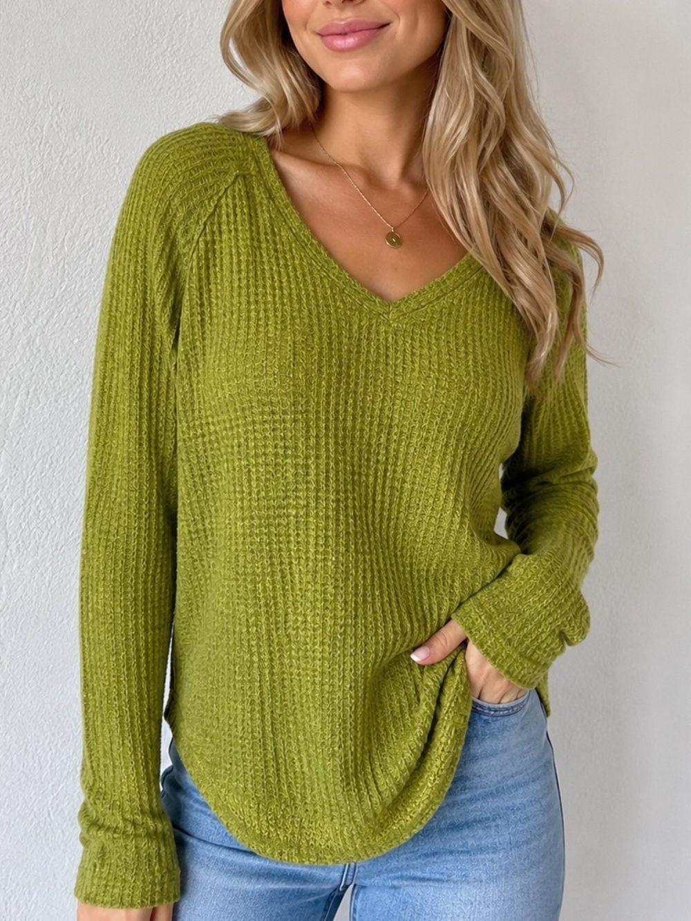 American Eagle Soft & Sexy Plush Waffle Knit Top Green XS V Neck